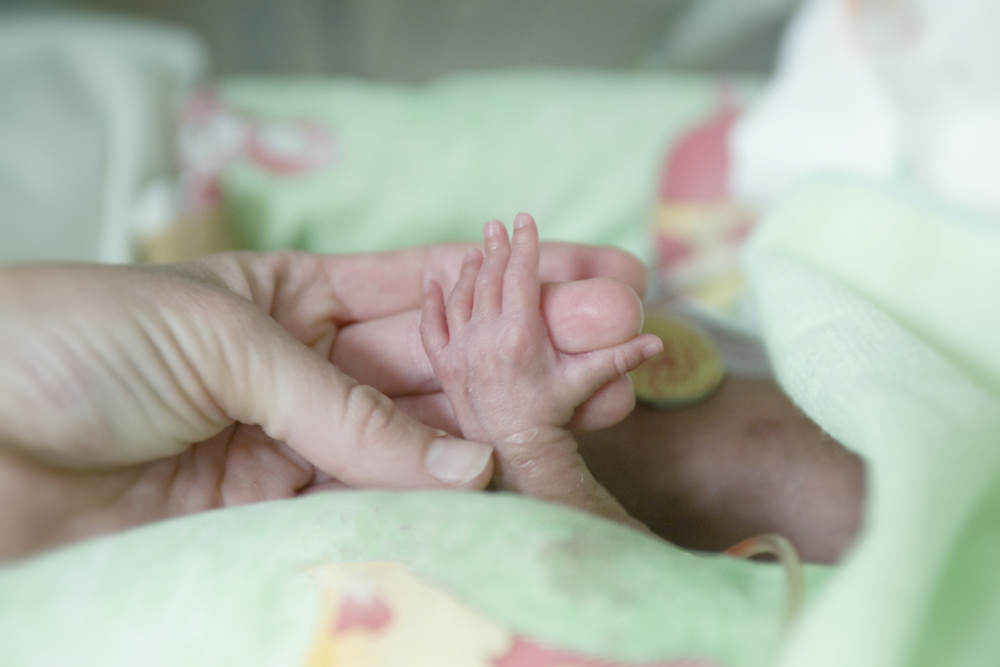 Image of a mother holding her premature baby's small hand
